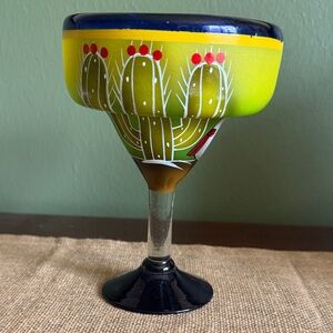 Hand-Painted Cactus Agave Plant Man Sombrero Margarita Glass READ